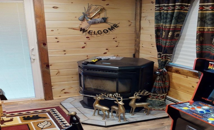 Pellet stove in the corner of the spacious living area