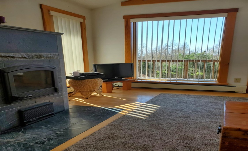 Closer view of soap stone stove, large windows.